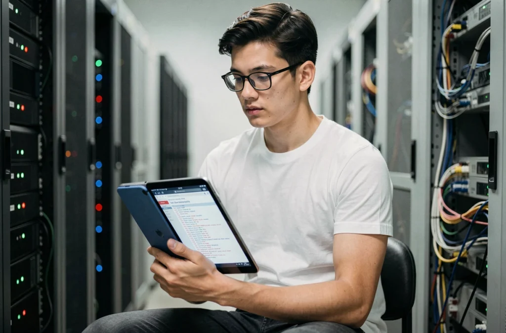 Technicien informatique analysant un journal d'erreurs d'une application web sur tablette