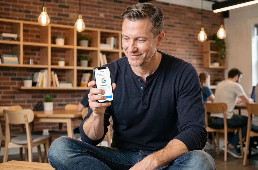 Homme consultant les résultats de compatibilité mobile Google dans un espace de coworking