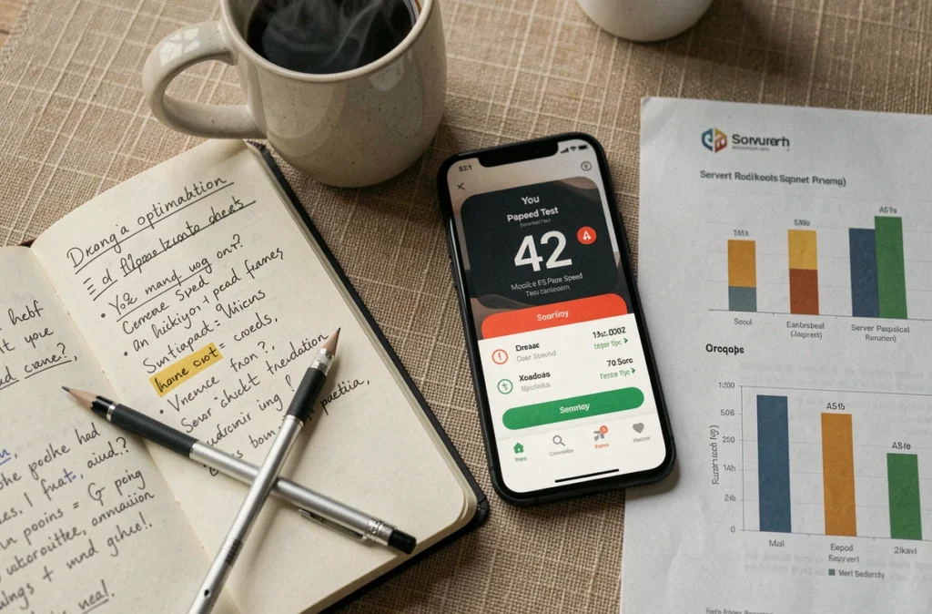 Test de vitesse de chargement mobile avec score faible et notes d'optimisation SEO pour Google