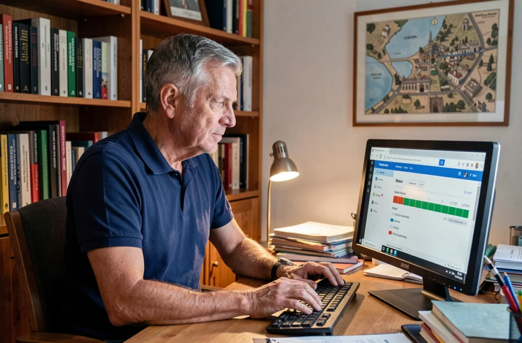 Homme gérant une boîte webmail saturée depuis son bureau à domicile avec une barre de stockage pleine