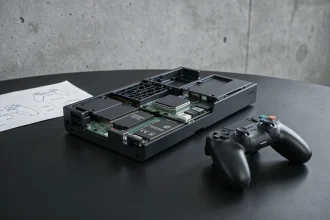 Prototype de console Xbox modulaire posé sur un bureau tech avec composants internes visibles et manette assortie