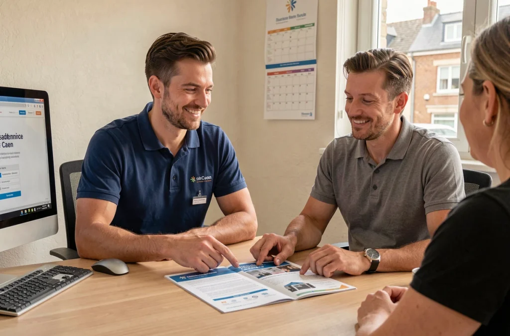 Conseiller informatique d'ABC Informatique Caen présentant une offre de maintenance à un client dans un bureau professionnel