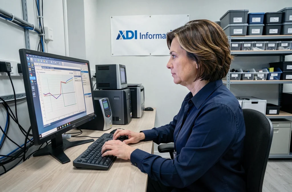 Technicienne ADI Informatique effectuant un diagnostic sur un ordinateur de bureau dans un espace professionnel