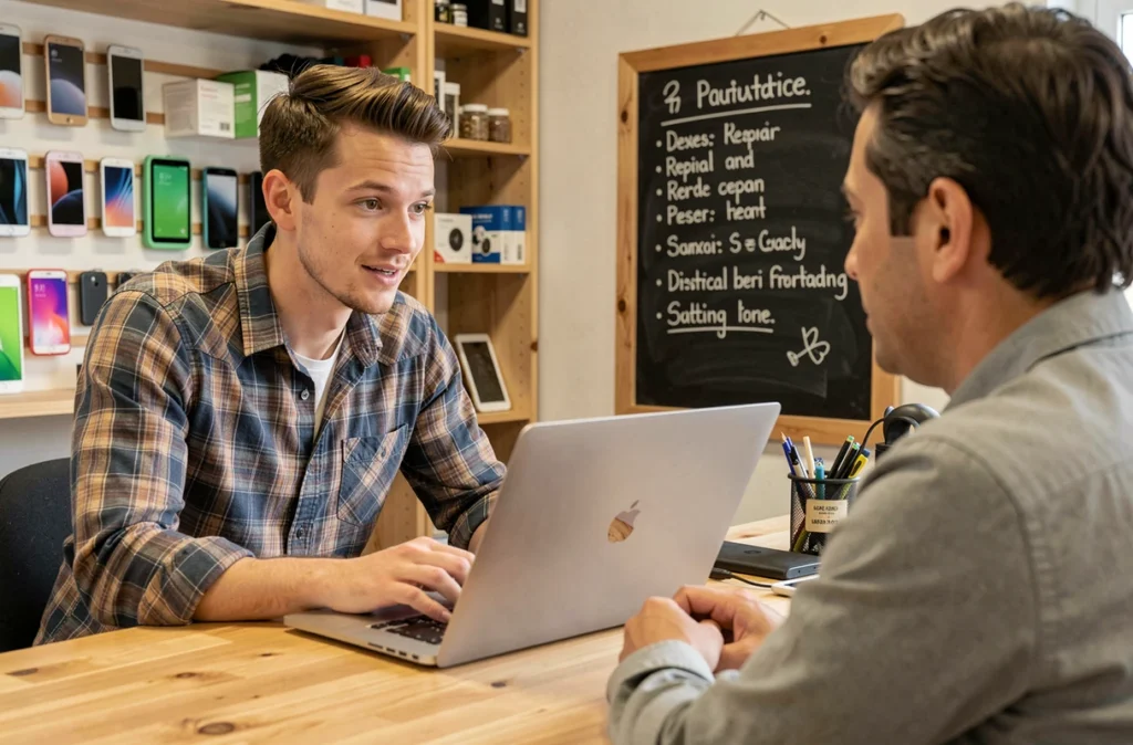 Conseiller en informatique aidant un client dans une boutique de dépannage numérique en Aquitaine