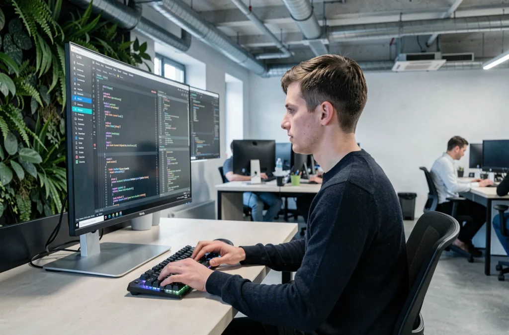 Développeur informatique d'Akinext travaillant sur un poste moderne dans un espace de travail innovant