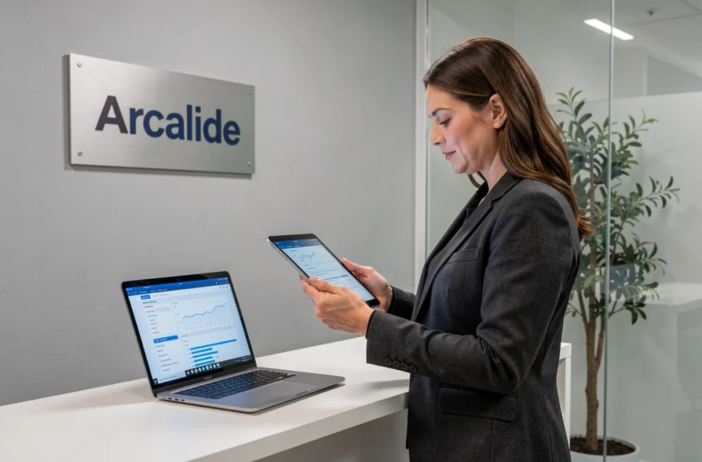 Technicienne Arcalide analysant un rapport de diagnostic sur tablette dans un bureau de service informatique