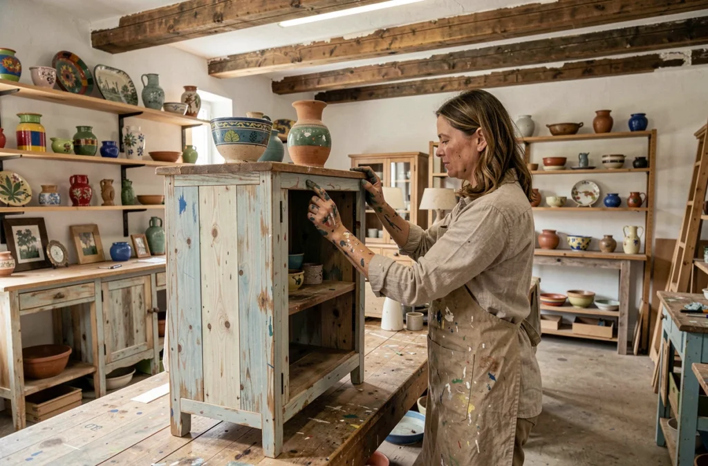 Artisane arrangeant un meuble upcyclé dans l'atelier d'éco solidaire de Bordeaux spécialisé en réemploi créatif