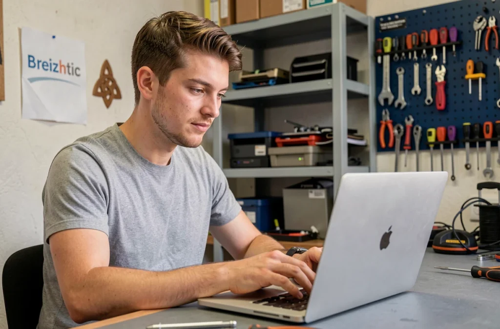 Technicien Breizhtic diagnostiquant un MacBook dans un atelier de réparation informatique breton