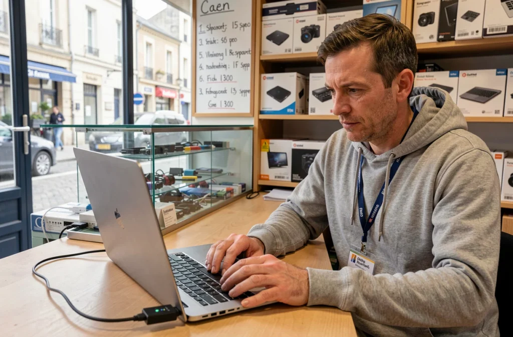 Technicien de Caen Micro Services diagnostiquant un ordinateur portable au comptoir d'une boutique informatique de Caen