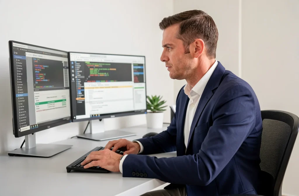 Consultant en cybersécurité ACCEIS analysant des résultats de tests d'intrusion sur un double écran