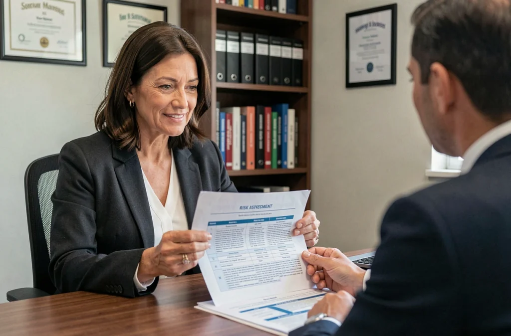 Consultante Alevalconsult en séance de conseil en cybersécurité avec un client, examinant un document d'évaluation des risques