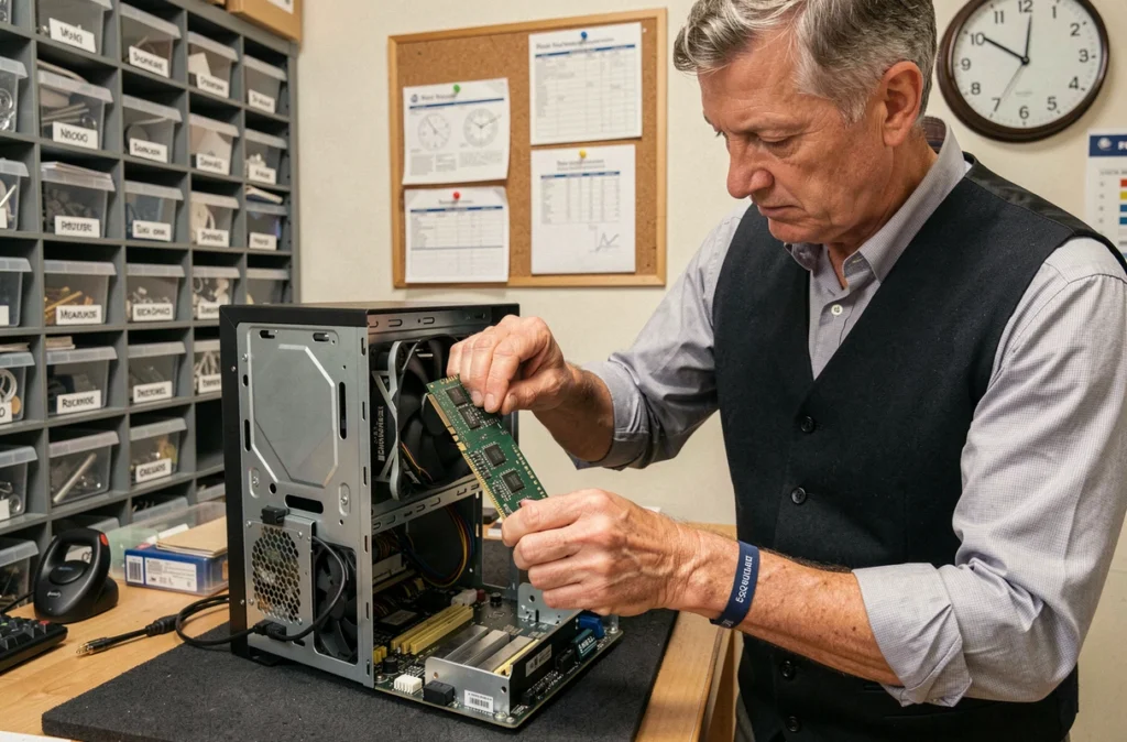 Spécialiste de CSN Informatique installant un module RAM dans un ordinateur de bureau dans un atelier de maintenance