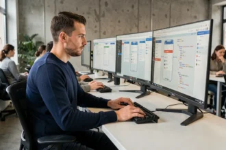 Développeur mobile roumain travaillant sur une application sur mesure dans un bureau tech moderne à Bucarest