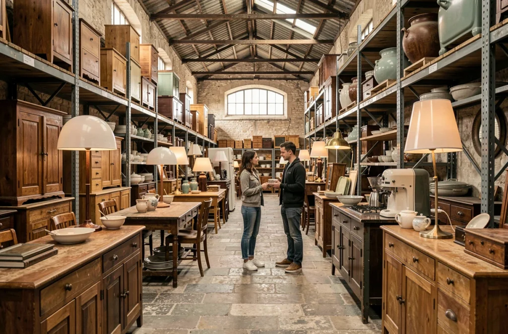Couple explorant des meubles vintage et objets anciens dans l'entrepôt Saint Germain à Bordeaux