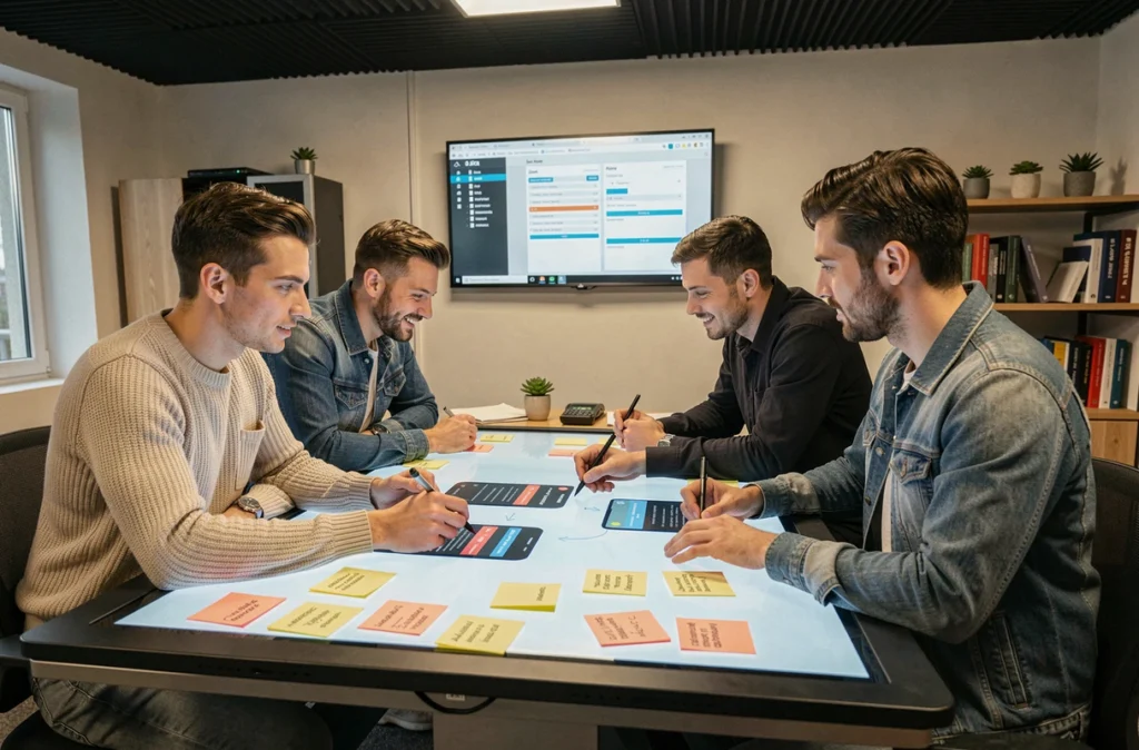 Équipe de développement agile roumaine collaborant sur une application mobile sur mesure lors d'un sprint planning