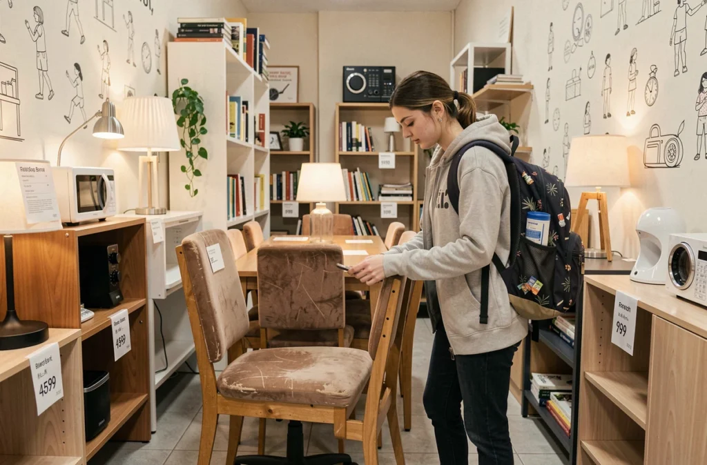 Étudiante inspectant un mobilier d'occasion abordable dans la boutique Etu'Récup destinée aux étudiants bordelais