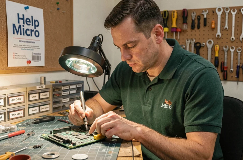 Technicien Help Micro en train de souder une carte mère dans un atelier de réparation informatique
