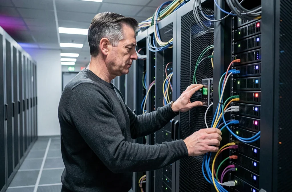 Ingénieur EMB Solutions configurant des équipements dans une salle serveur dédiée à la cybersécurité