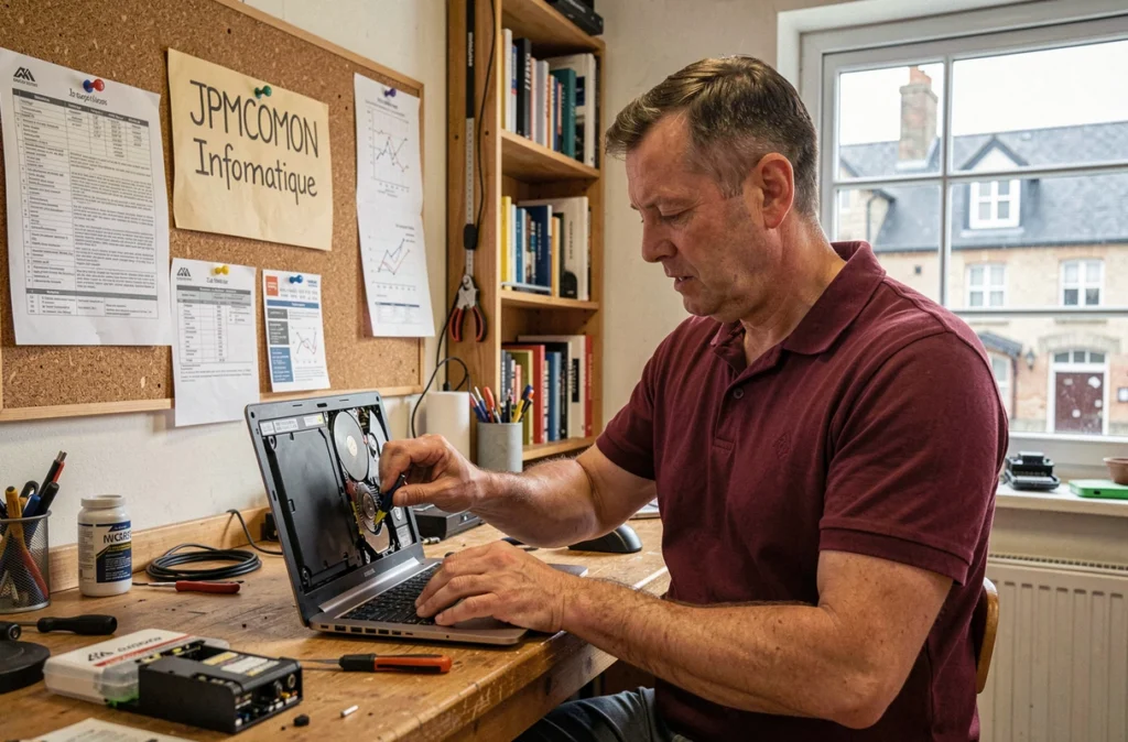 Technicien JPMCOMON Informatique remplaçant le disque dur d'un ordinateur portable dans son atelier indépendant breton