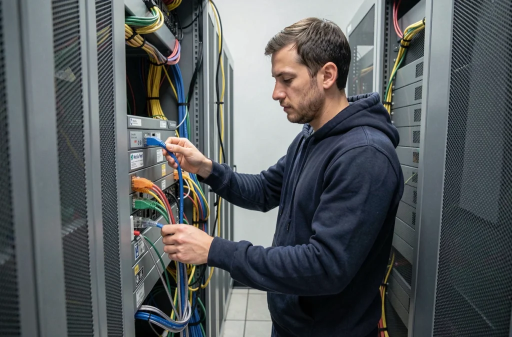 Technicien Media-Net connectant des câbles réseau dans une salle serveurs d'une entreprise bretonne