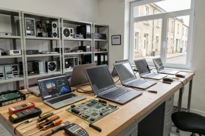 Atelier de dépannage informatique professionnel en Vendée avec outils et ordinateurs sur un établi