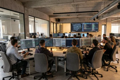 Centre opérationnel de cybersécurité en Occitanie avec des consultants travaillant sur des écrans de surveillance réseau
