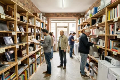 Boutique de matériel reconditionné en Nouvelle-Aquitaine avec appareils électroménagers, livres et électronique d'occasion sur des étagères en bois