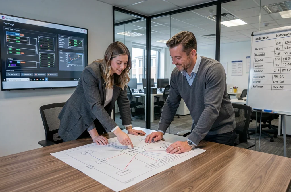 Deux professionnels de Normandie Informatique Services collaborant sur un plan d'infrastructure réseau en salle de réunion