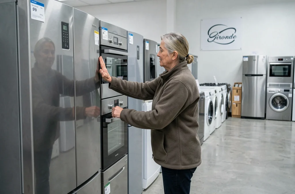 Vendeuse nettoyant un réfrigérateur reconditionné dans la boutique Occasions Renée spécialisée en électroménager en Gironde