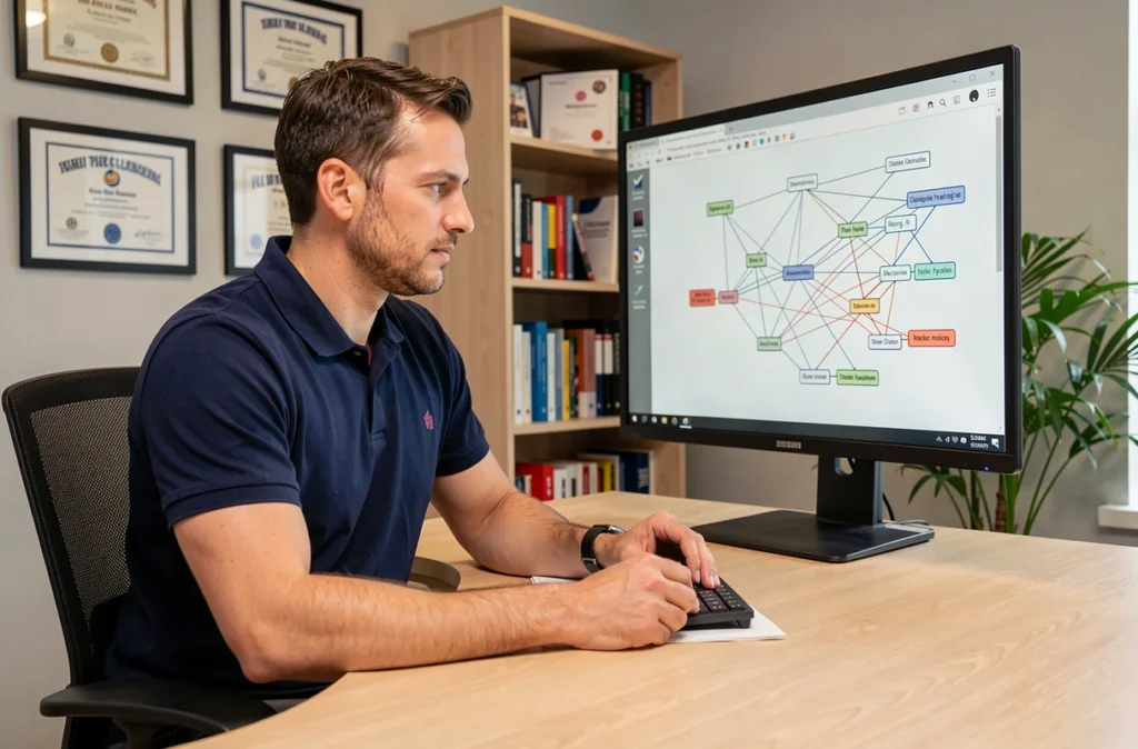 Consultant informatique de Provectio analysant un schéma réseau sur un écran dans un bureau professionnel