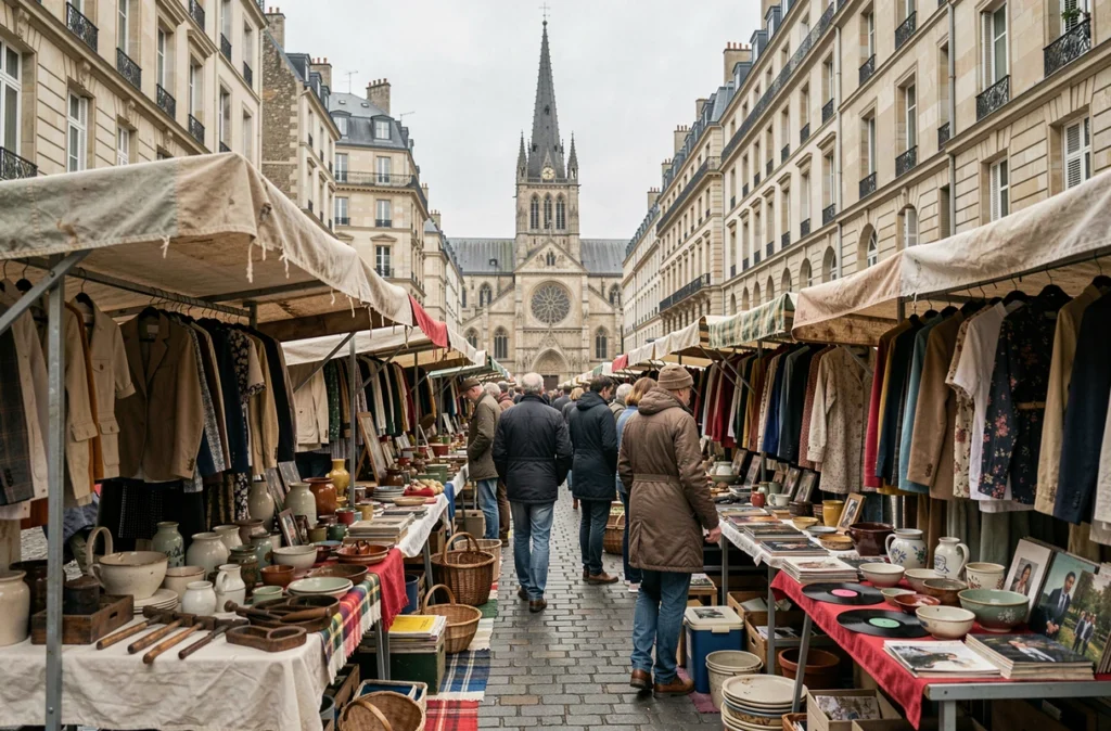 Vue du marché aux puces de Saint-Michel à Bordeaux avec étals d'objets d'occasion et flèche de la basilique en arrière-plan