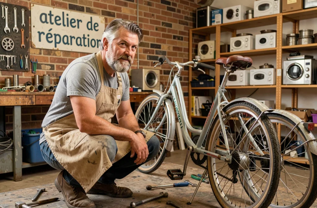 Réparateur travaillant sur un vélo dans l'atelier communautaire Récup'R à Bordeaux