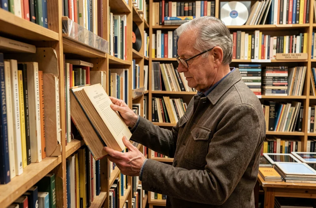 Client feuilletant un livre d'occasion dans la librairie RecycLivre Bordeaux spécialisée en réemploi livre et multimédia