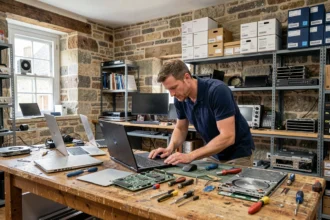 Atelier de réparation informatique en Bretagne avec un technicien travaillant sur des ordinateurs portables démontés