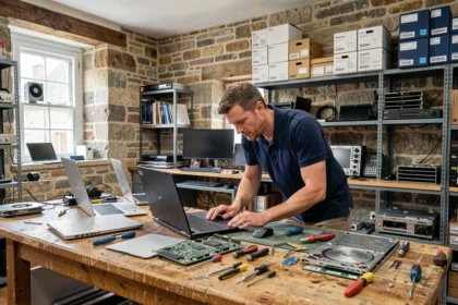 Atelier de réparation informatique en Bretagne avec un technicien travaillant sur des ordinateurs portables démontés