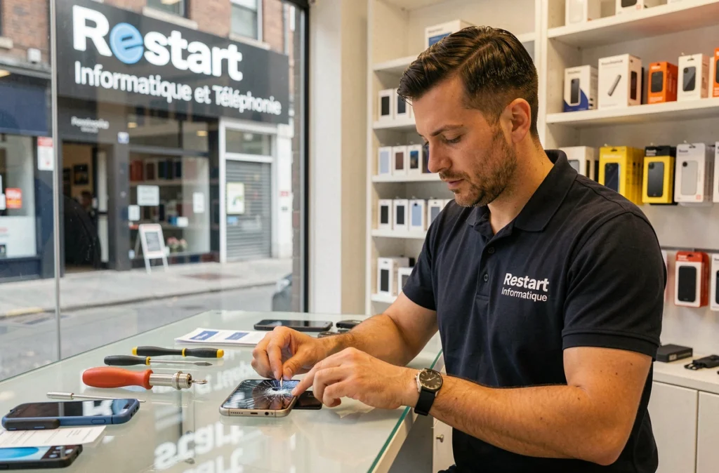 Technicien de Restart Informatique et Téléphonie réparant un écran de smartphone dans sa boutique