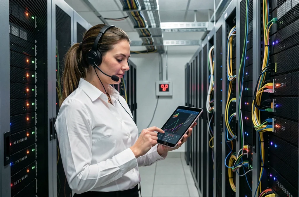 Ingénieure réseau de SN2I Informatique supervisant une salle de serveurs avec une tablette de monitoring