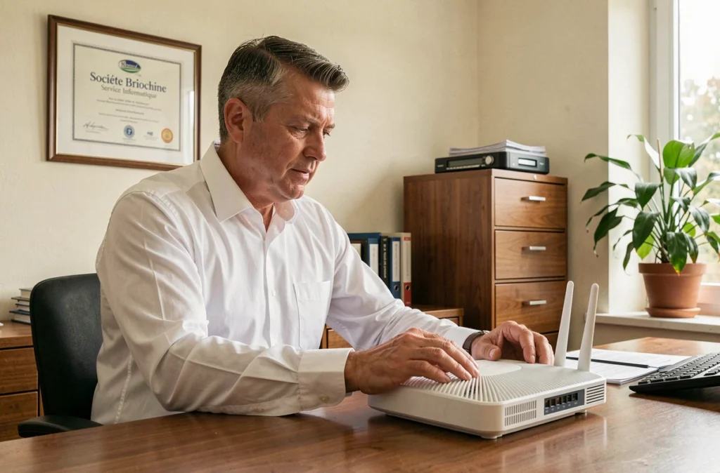 Technicien de la Société Briochine Service Informatique configurant un routeur réseau dans un bureau professionnel