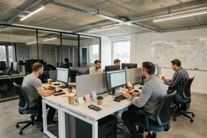 Vue d'ensemble d'un bureau informatique moderne avec des techniciens au travail sur des postes multi-écrans dans le Calvados