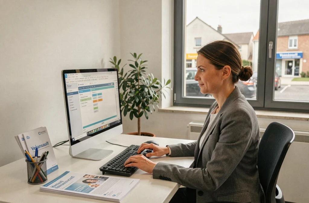 Professionnelle de Solucil travaillant sur un poste informatique dans ses bureaux à Venansault