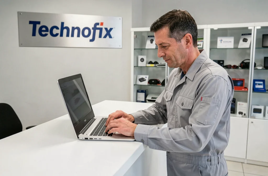Technicien Technofix testant un ordinateur portable réparé au comptoir de service de la boutique