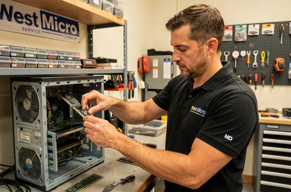 Technicien West Micro installant de la mémoire RAM dans un ordinateur de bureau dans son atelier