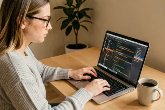 Femme utilisant le raccourci clavier Ctrl+Z pour annuler une action sur un ordinateur portable dans un bureau à domicile