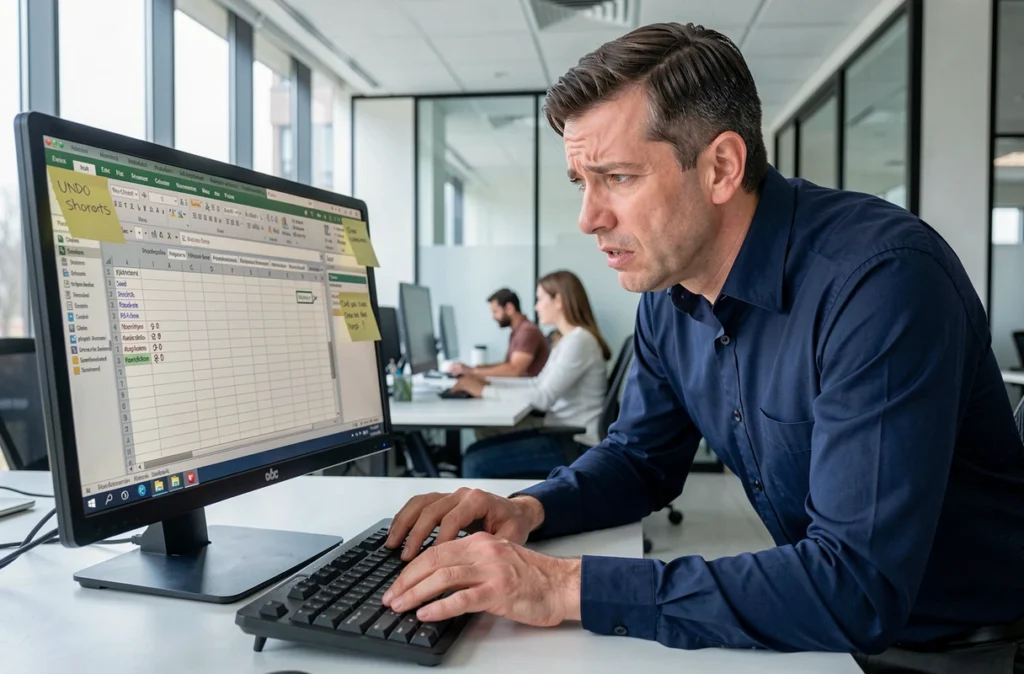 Homme frustré tentant d'utiliser le raccourci clavier pour annuler une erreur sur un tableur dans un bureau en open space